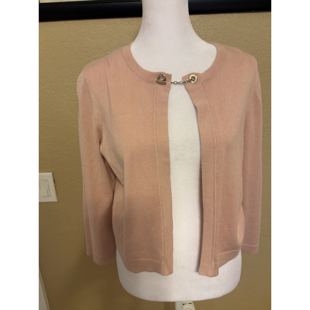 Calvin Klein Women's Pink Short Long Sleeve Cardigan With Gold Hardware, Small